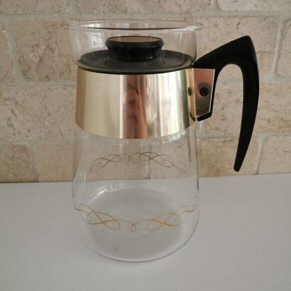 Vintage Corning MCM Coffee Carafe 6-Cup, Black Gold Scroll Pattern Kitchen Decor - Picture 2 of 10